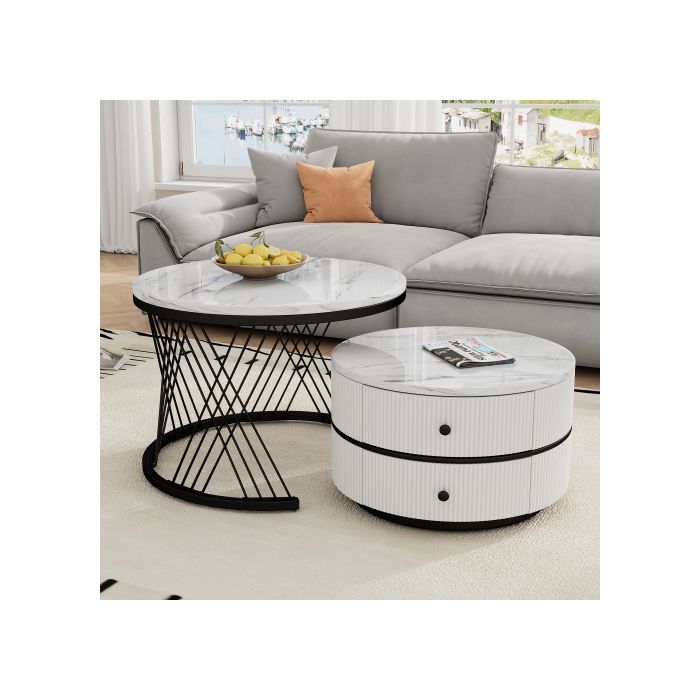 Nesting Coffee Table Set - MUVOE - Polished Marble - 2 Drawers - White - 60x60cm and 50x50cm