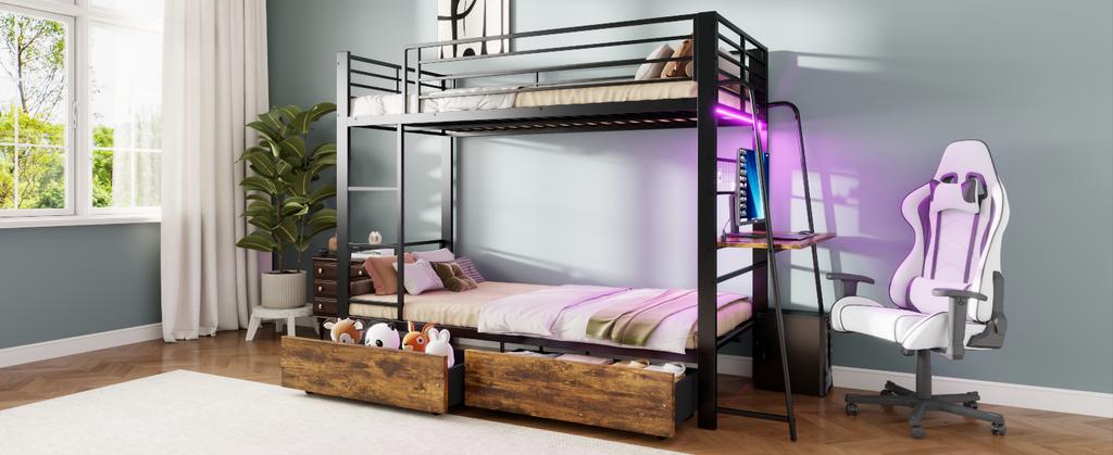 Metal Bunk Bed 90x200 Cm with Desk, LED Lighting and Storage Drawers, EN747 Tested, 250 Kg Load Capacity Per Level