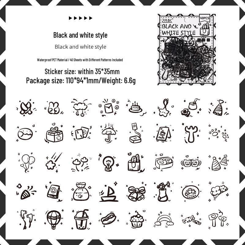 ZABC Black Tone Sketch Stickers: Simple Drawing Series for Journal Decoration and Collage - 4 Types