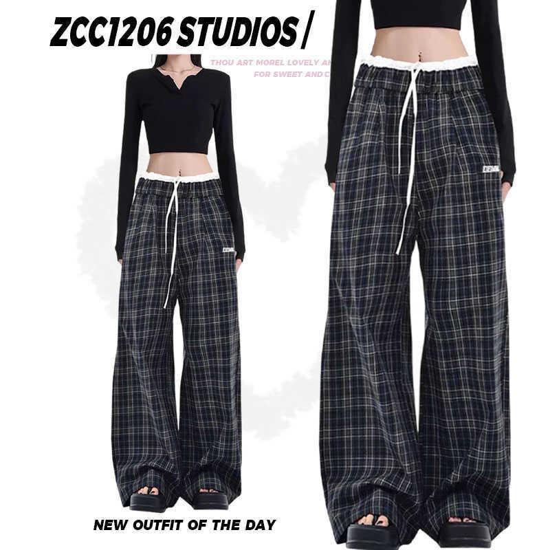 Women's High Waist Retro Patchwork Plaid Wide Leg Pants - Loose Casual Floor-Length Trousers