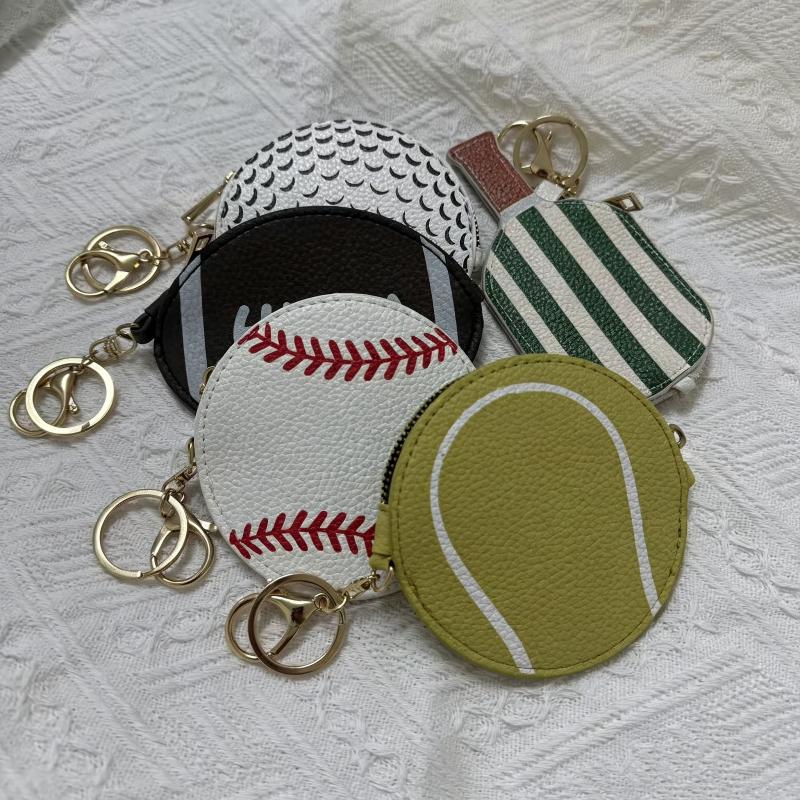 Sport Themed Mini Coin Purse Ball Shaped PU Leather Keychain for Athletes Gym Essentials
