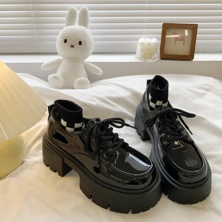 

Leather Platform Loafers Women Lace Up Oxford Shoes Woman Black Thick Bottom Women Chunky High Heel Pumps 40