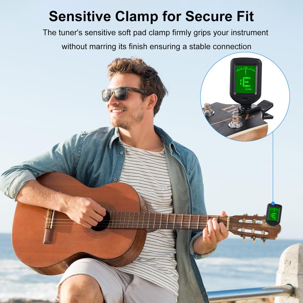 Klips na kytarovou ladičku, Digitální ladička na ukulele, Otočný LCD displej, Ladička dobíjecí přes USB-C,