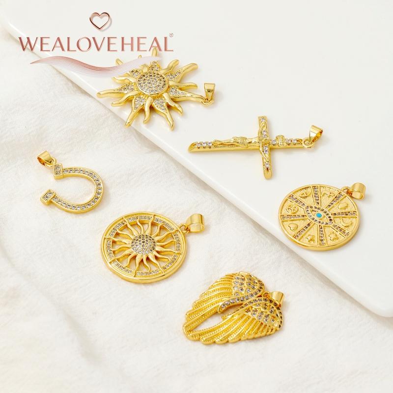 18K Gold Plated Brass Metal Cubic Zirconia Sun / Cross / Horseshoe / Chili Pepper / Wings Pendants Charms For Jewelry Making