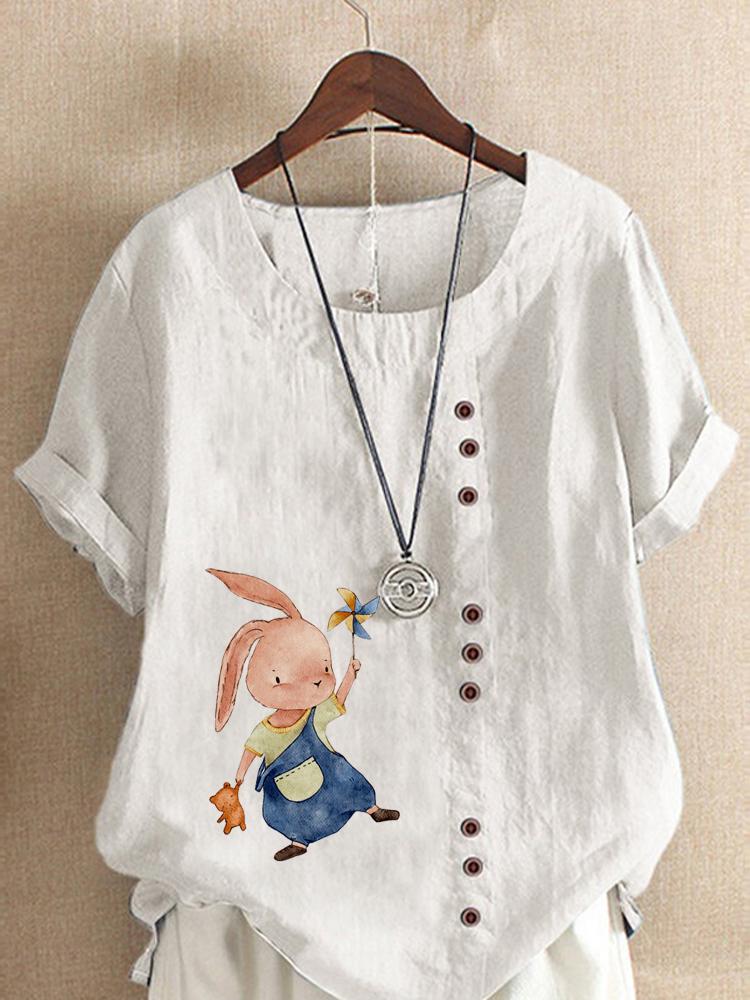 Women's Fashion Fashionable Rabbit Print Shot Sleeve T-shirt Loose Cotton Shirt Casual Loose Summer Blouse Tops Plus Size