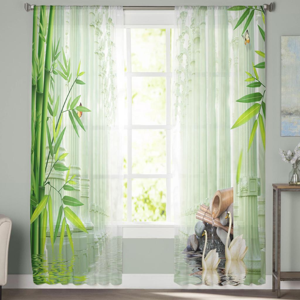 Bamboo Swan Pillar Water Surface Stone Curtains Tulle For Living Room Bedroom Kitchen Chiffon Sheer Window Treatment Decorations