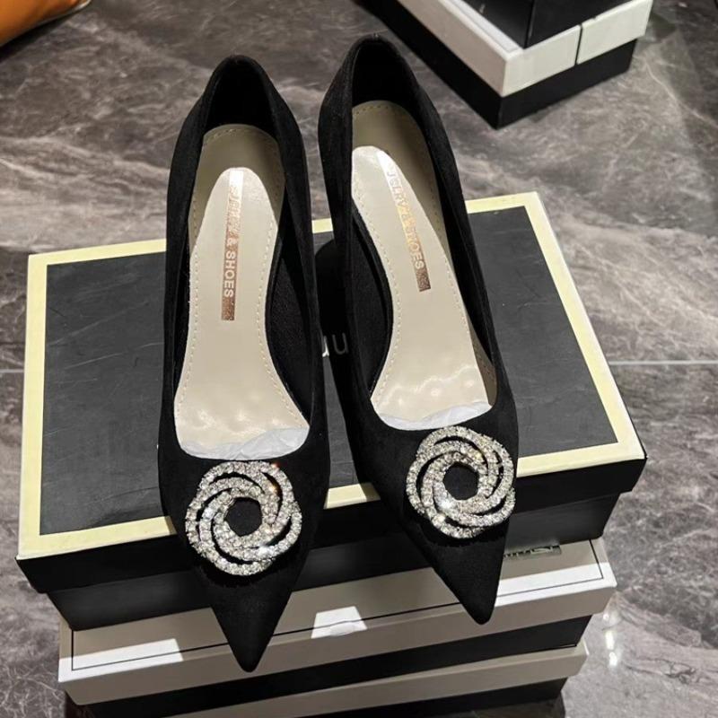 2025 New Shallow Mouth Women's Pumps Fashion Satin Rhinestone Round Buckle Stiletto Solid Color Pointed Sexy Ladies Single Shoes