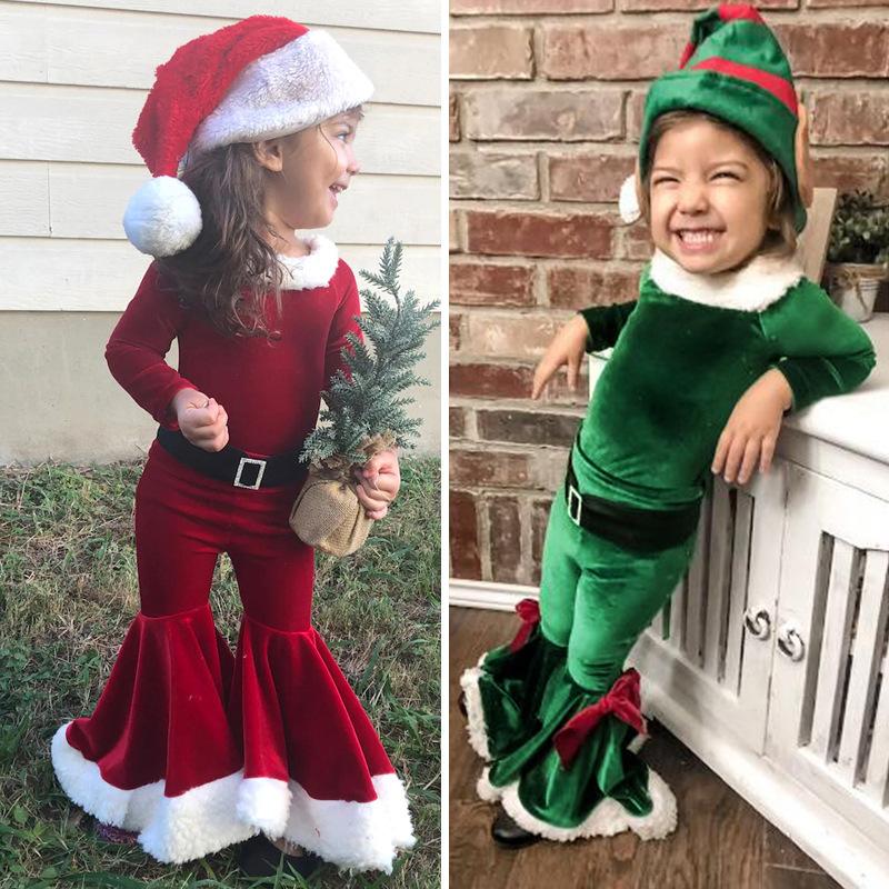 Christmas Unisex Children Long Sleeved Top Flared Pants Hat Sets Costume Makeup