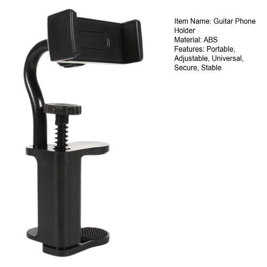Guitar Phone Holder Adjustable Guitar Mount for 6-10.5cm Thick Guitar Ukulele Bass Mobile Phone Support Clamp for Live Video Recording Broadcast