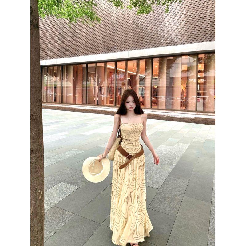 Kumikumi Pure Desire Style Sexy Temperament Chic Sling Dress Women Summer Waist Hugging Slimming Large Swing Skirt Long Dress