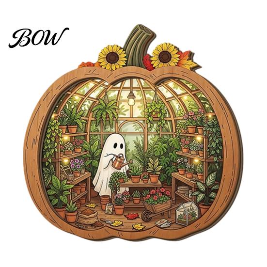 Wooden Ghost Reading Ornament Halloween Tabletop Ornament, 2D Flat Cute Bathing Handcrafted Wood Carving Decor Watering Plaque with Stand for