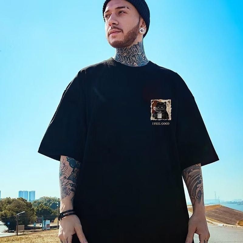 Letní Neformální Volná velikost Pulovry s krátkým rukávem O ke krku Černá kočka s potiskem Pánské triko s hipopovým svetrem