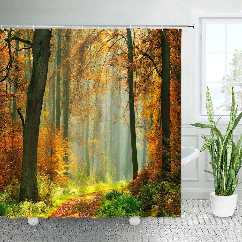 Autumn Forest Landscape Shower Curtain Maple Trees Road Plants Fallen Leaves Rural Scenery Wall Hanging Bathroom Decor Curtain