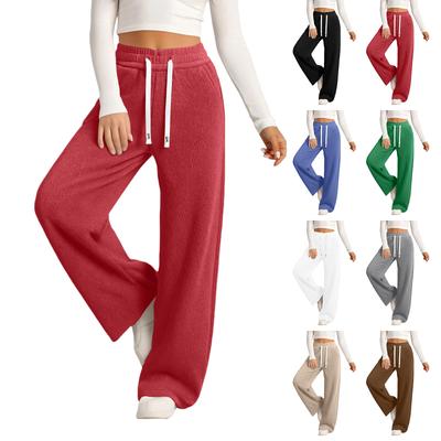 Women's Casual Fashion Color Elastic Waist Drawstring Pockets Wide Leg Straight Pants