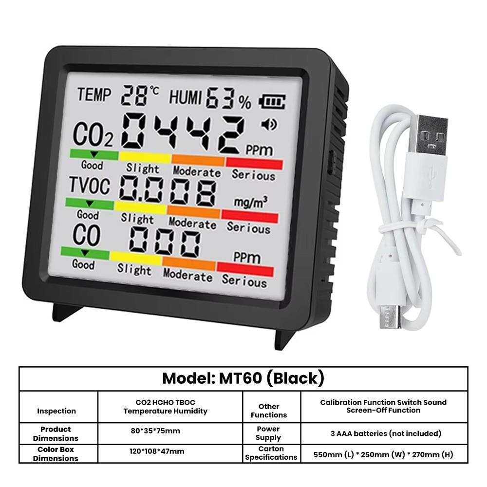 

Home Use 5-in-1 Function Air Quality Detector LCD Screen Type C HCHO TVOC Monitor Carbon Dioxide Monitor чорний