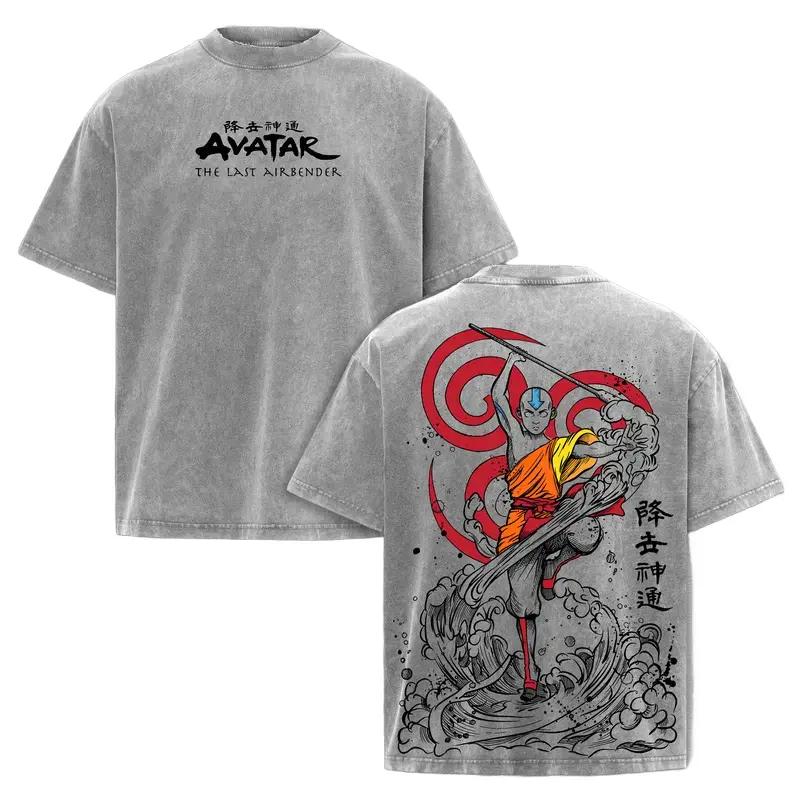 T-shirt Anime Ostatni Władca Żywiołów Aang Nadruk Wypłukany Oversize T-shirt Letni Krótki Rękaw Bawełniane Koszulki Topy Ubrania