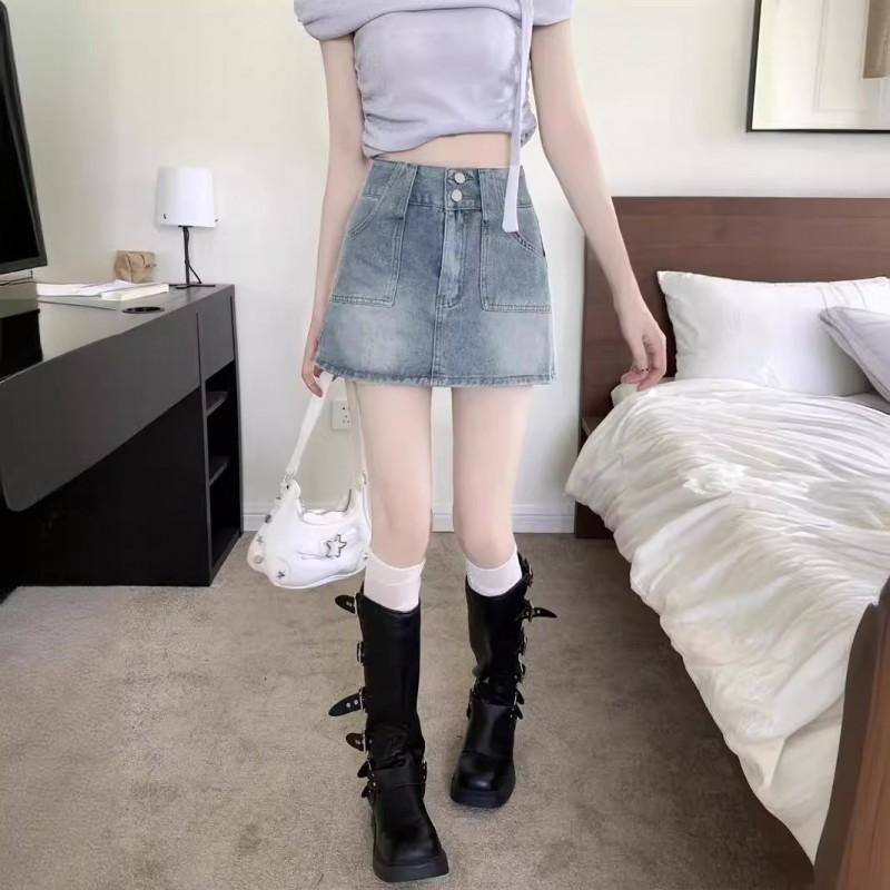 High Waist A-Line Denim Skirt Women Vintage Washed Short Plus Size Mini With Slight Stretch