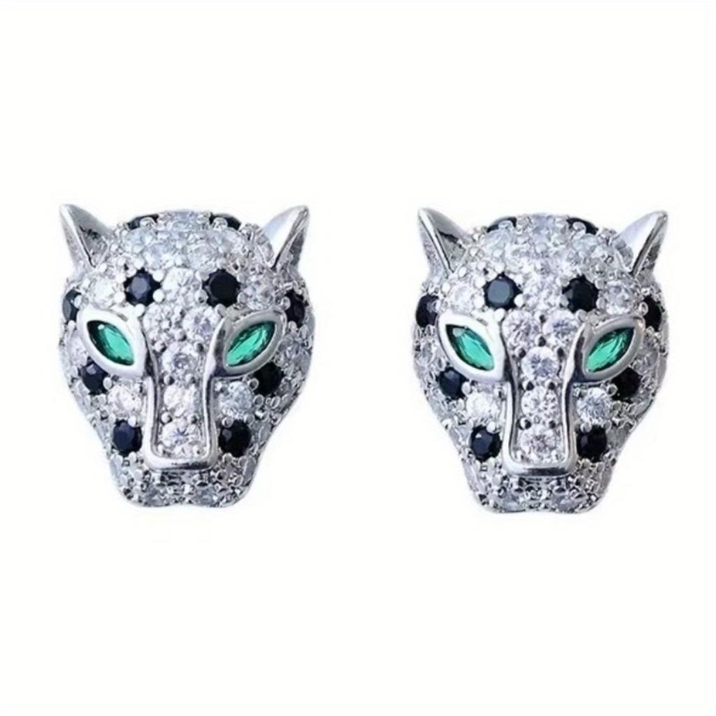 Luxury Leopard Stud Earrings with Green Eyes - Glittering Animal Design, 18K Golden Plated, Stainless Steel Posts, Perfect for Evening Parties & Banqu