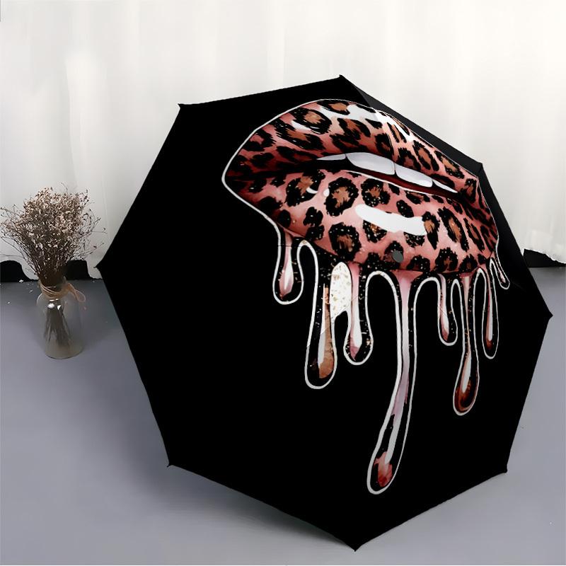 1pc Leopard Print Lips Automatic Open/close Umbrella, 8-Rib Sturdy Structure, Auto Folding/Opening, Portable Travel Umbrella for Women031