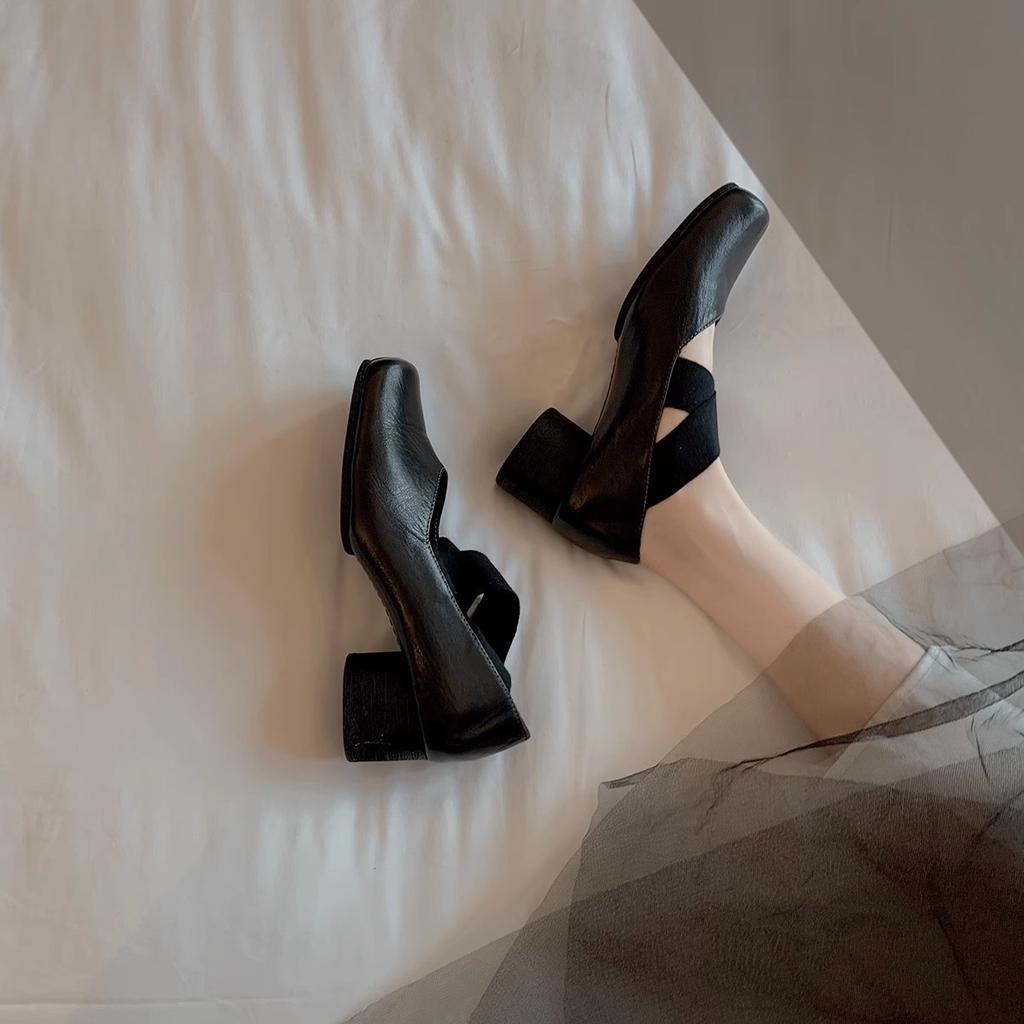 Cowhide Version~ Niche Thick Heel Leather Mary Jane Single Shoes Women's Spring British Style Small Leather Shoes Ballet Shoes High Heels