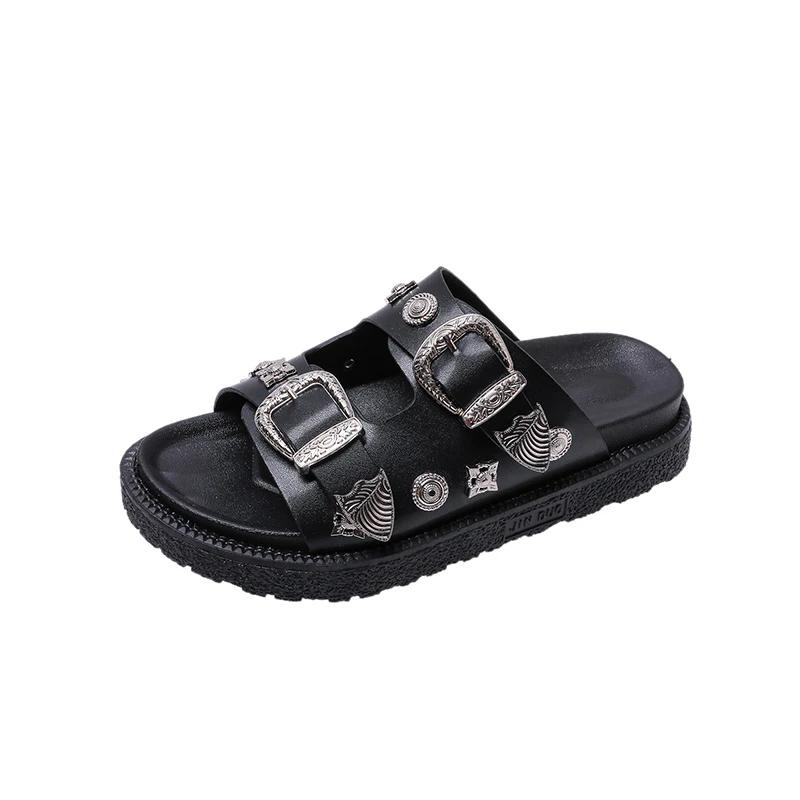 Fashion Platform slippers 20245summer new wear metal buckle rivet casual sandals open toe one word beach ins cool style shoes
