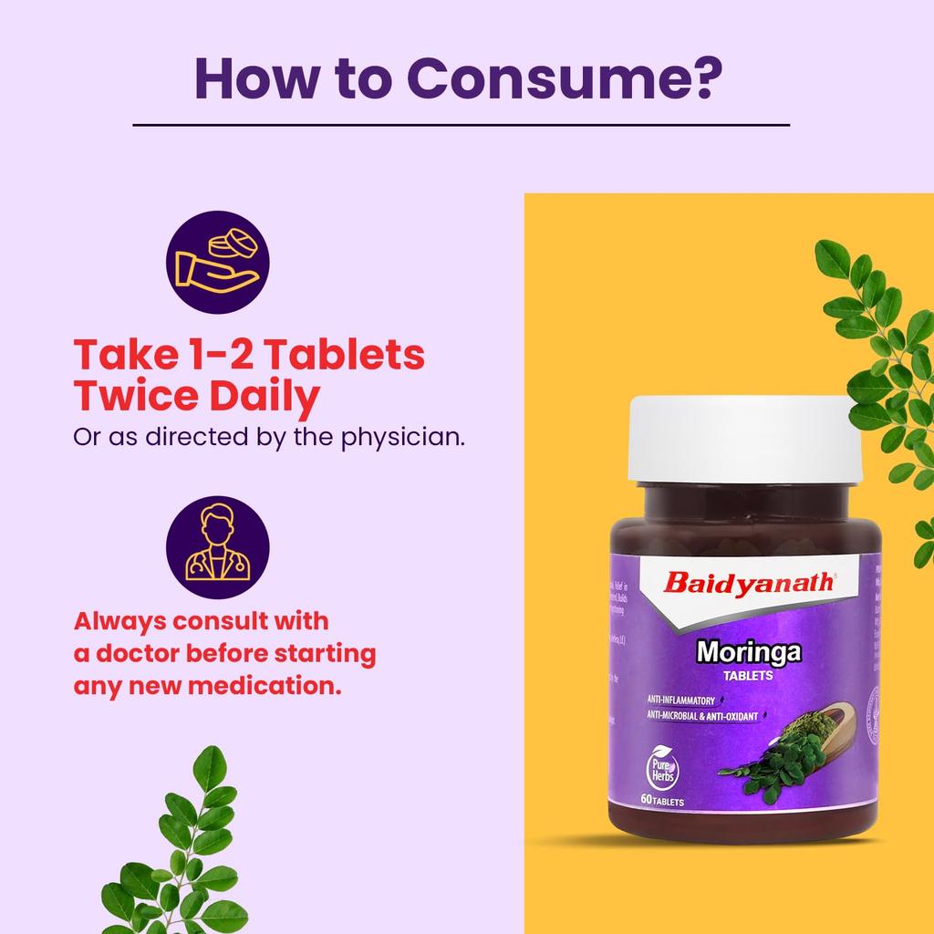 Baidyanath Ayurved Moringa Tablets 60Tab X Pack of 2 for Overall Health Wellness & Digestion Support