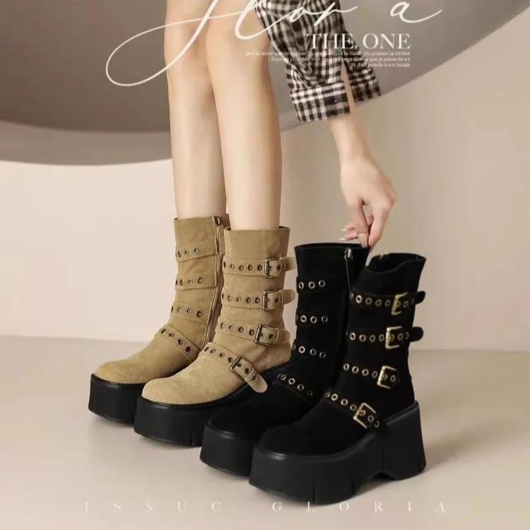 Women's Boots  Autumn New Super High Heel 6-8cm Wedges Thick Soled Boots Zipper Belt Buckle Anti Slip Outdoor Short Boots