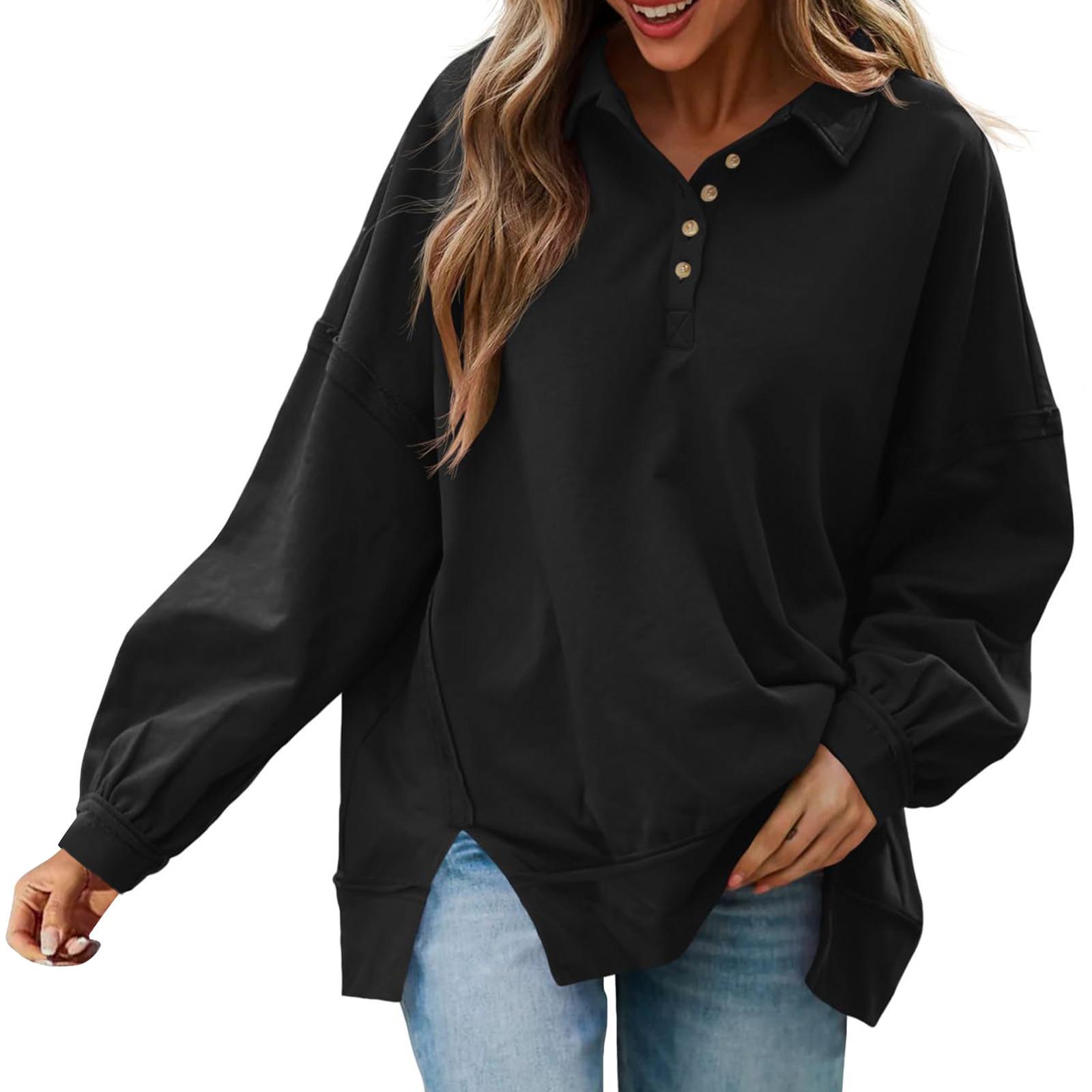 

Женские негабаритные пуловеры со свободными рукавами и воротником на пуговицах, толстовки, топы L чёрный