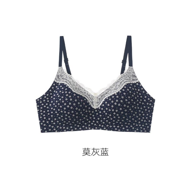 Sweet and Pure Girl Print Lace Edge Pure Cotton Underwear Women's No Steel Ring Anti-sagging Small Chest Gathering Thin Bra