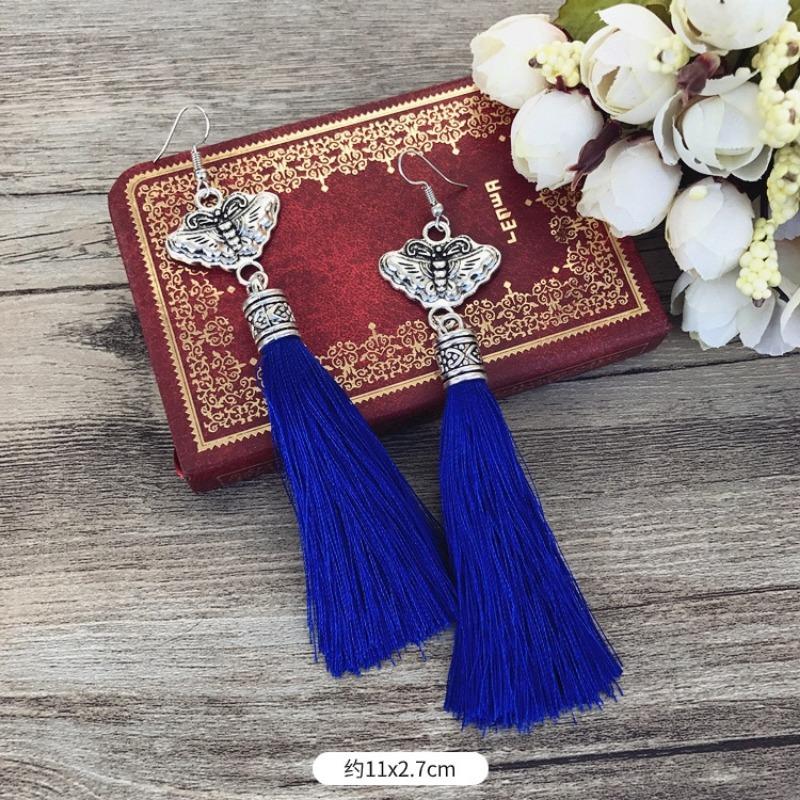 

Medium embroidery fabric fringed earrings Miao retro long earrings Miao silver earrings women