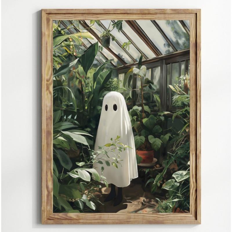 Poster Print Fantomă și Pisică Neagră Flori Sălbatice de Pădure Pictură pe Pânză cu Dovleac Artă Spooky de Halloween Cameră Dark Academia Decor Acasă