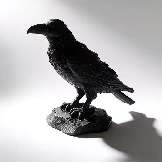 Nostalgie 3D Printed Crow Statue, Gothic Dark Academia Bird Sculpture, Matte Black Raven Figurine, Stable Rock Base for Desk Display Cabinet,