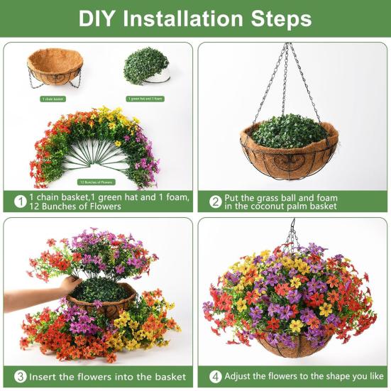 Yousheng Artificial Hanging Flowers Basket UV Resistant Outdoor Fake Hanging Plants Colorful Faux Silk Flowers Eucalyptus In Basket for Porch Patio