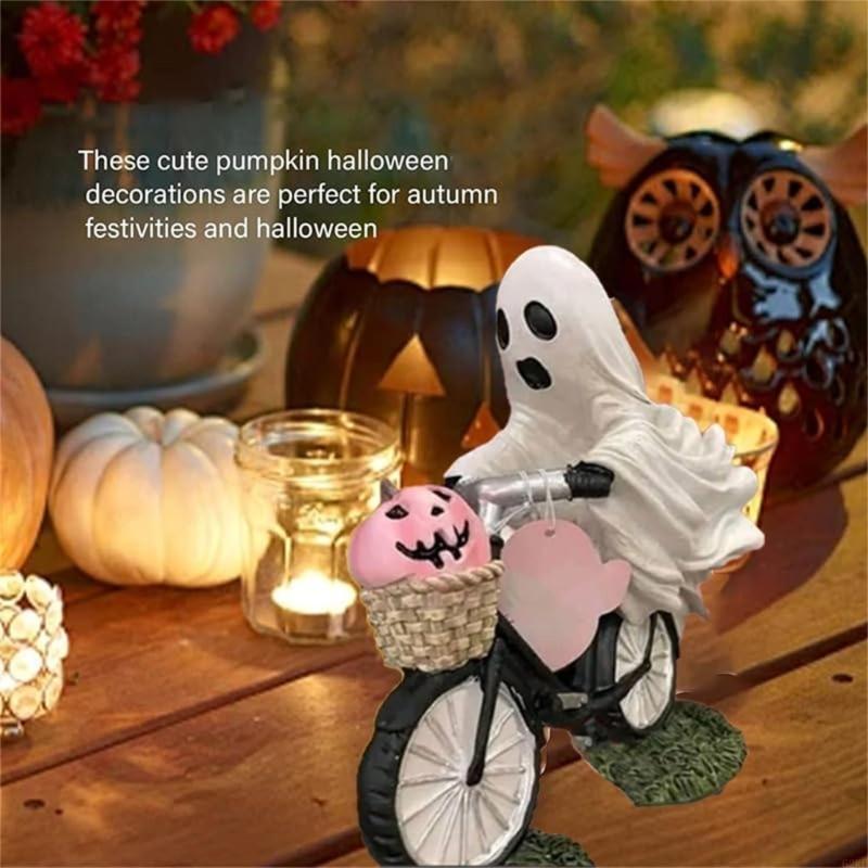 62KD Halloween Themed Ghostly with Pumpkin Riding Bicycles Figurine Decorative Resins Statue Sculpture Party Decors Ornament