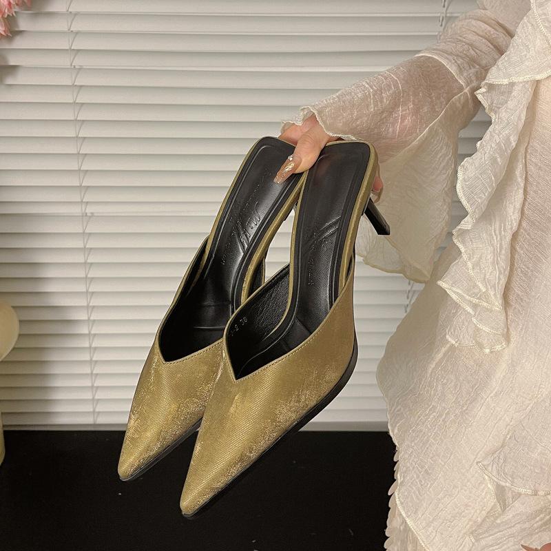 2025 spring new thin pointed head thin heel V mouth Muller high heel temperament bag head half slippers women's outer wear