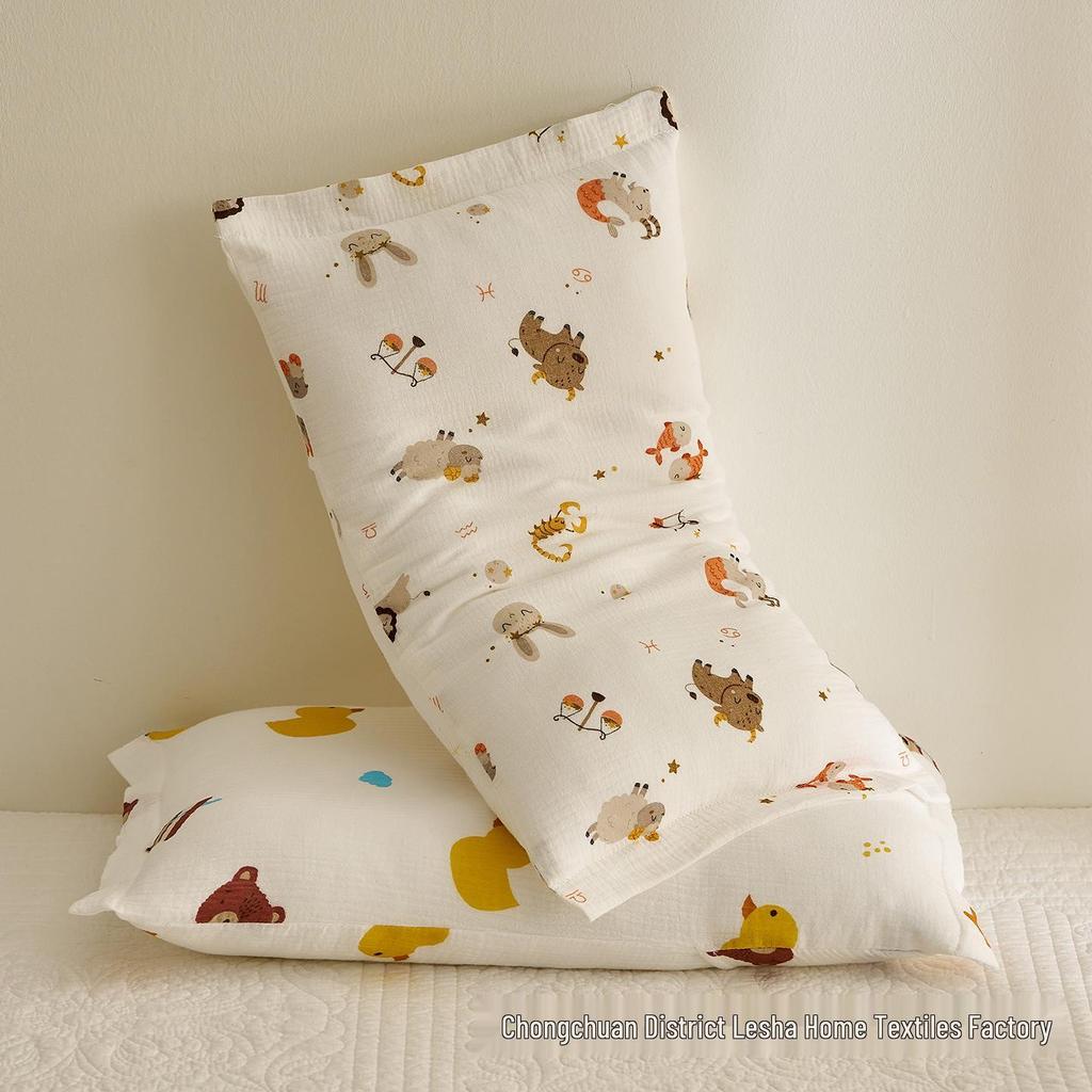 Class A Cartoon Crinkle Gauze Pillowcase Set - 100% Cotton for Kids, 2-Piece Set