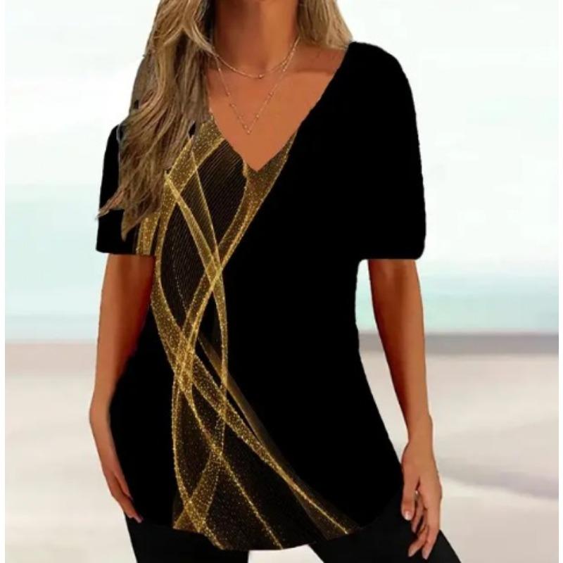 Retro Women's Ethnic Geometric Painting Harajuku T-shirt Women's Summer Casual Short Sleeve V-neck T-shirt