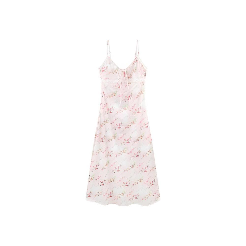 Small Fresh Small Lace Splicing Suspender Dress Women's Summer Pink Waist Long Floral Skirt