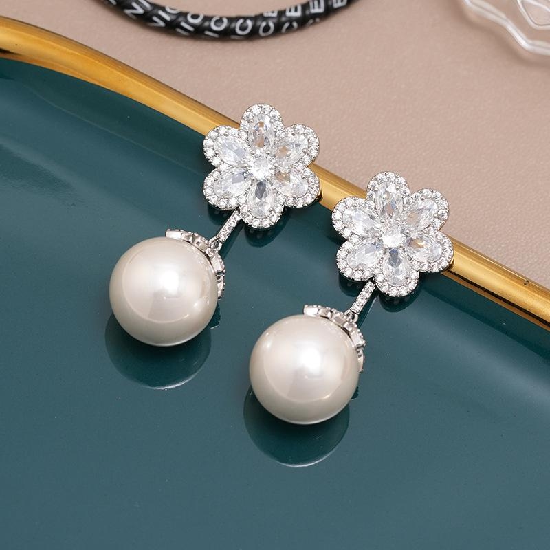 Light Luxury Micro-Inlaid Flower Cherry Blossom Pearl S925 Silver Needle Earrings European And American Micro-Inlaid Zircon Jewelry Factory Wholesale