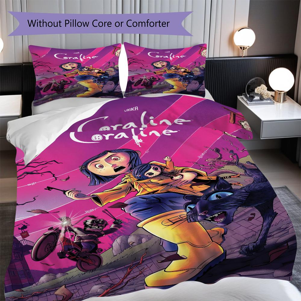 1PC Coraline Pattern Bedding Quilt Set Quilt Cover Pillowcase Home Decoration Birthday Gift (1 * Duvet Cover + 2 * Pillowcase, Without Core)