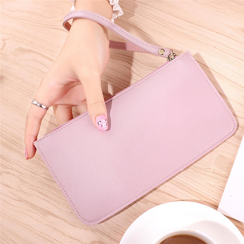 Women's Vintage Long Wallet PU Leather Zipper Soild Color Large Capacity Card Holder Clutch Purse Bag
