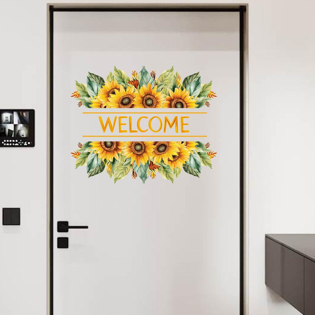 Sunflower Welcome Door Sticker, Self-Adhesive Floral Decal for Bedroom Bathroom Door Frame Decor
