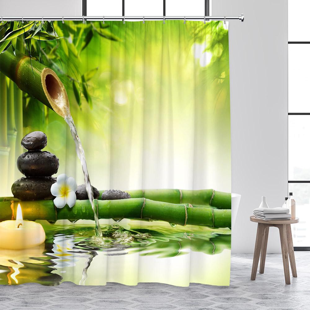 Zen Shower Curtain Green Bamboo Buddha Pink Orchid Lotus Swan Spa Nature Scenery Bathroom Curtains Fabric Home Decor with Hooks