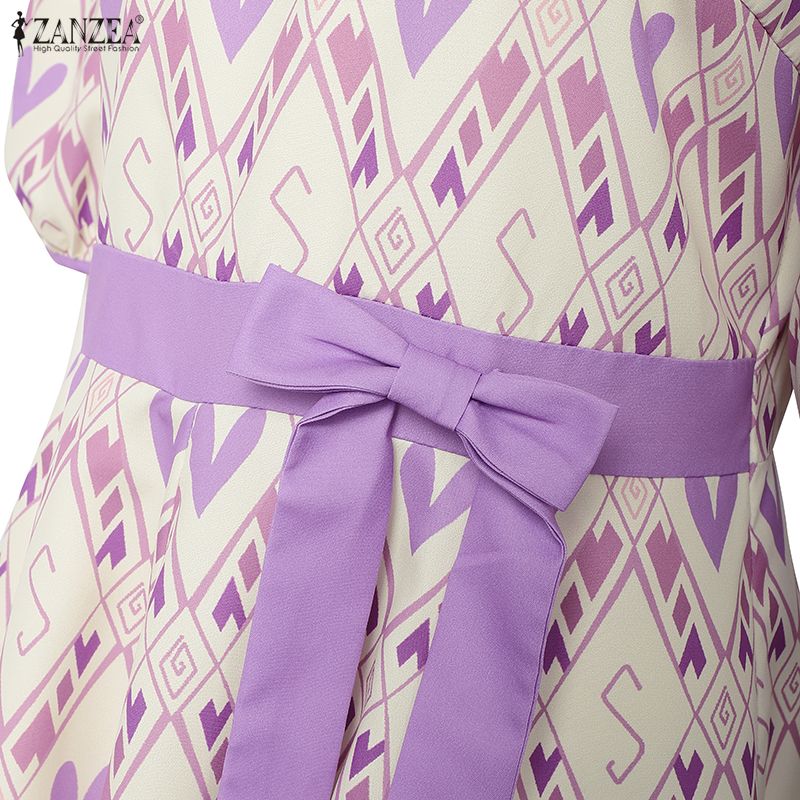 ZANZEA Damska codzienna sukienka letnia z okrągłym dekoltem i krótkim rękawem z nadrukiem