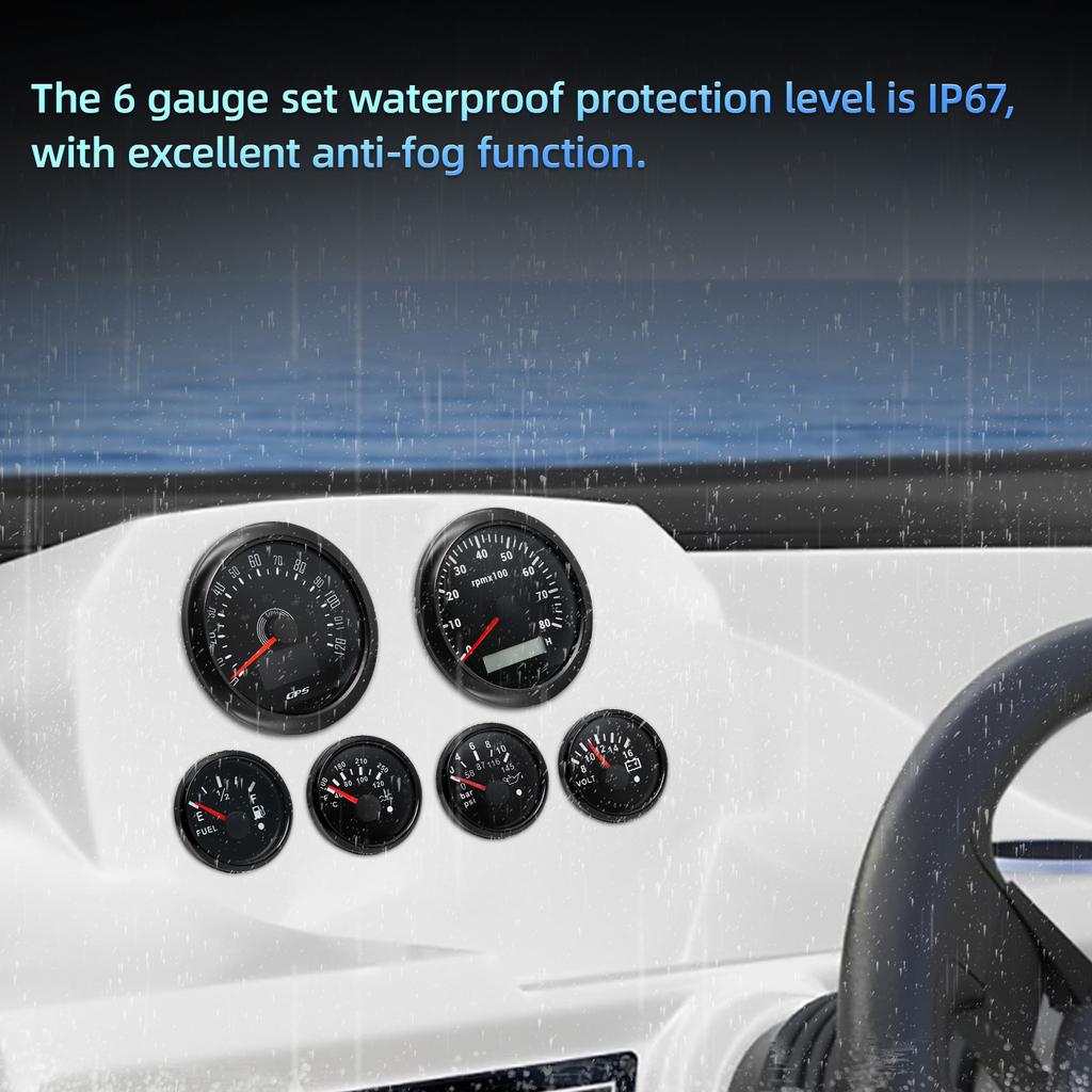 Black 85mm GPS Speedometer 80MPH Waterproof 6 Gauge Kit Fit Car Boat Marine Gasolines Vehicle Tachometer Water Temp Fuel Gauges
