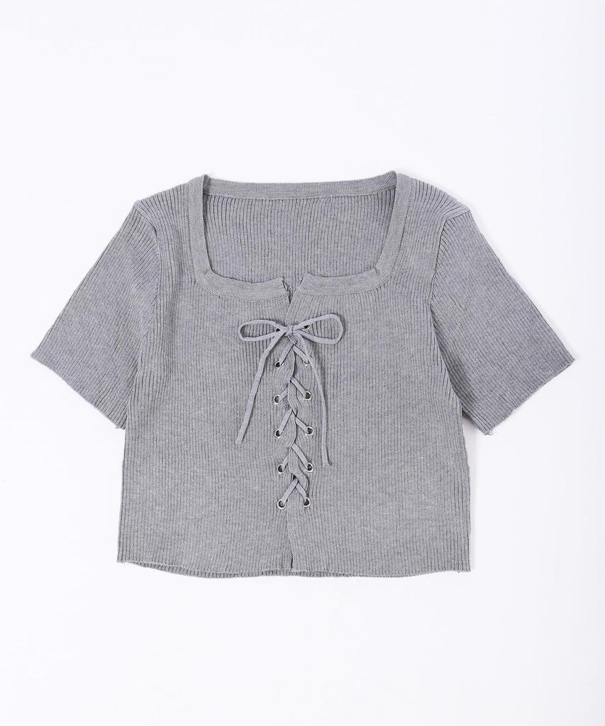 WEGO PHILLY Knit Short Short Korean Size Gray Lace-Up Top, Sleeve, Knitwear, Girly, Style, Casual, Gift, Spring/Summer/Autumn, Women's, F,