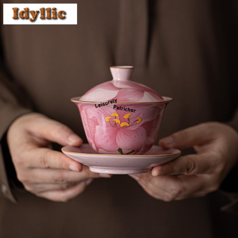 150ml Ru Kiln Pink Lid Lily Flower Gaiwan Luxury Tea Tureen Tea Bowl With Lid Kit Tea Maker Cover Bowl Chinese Teaset Collection