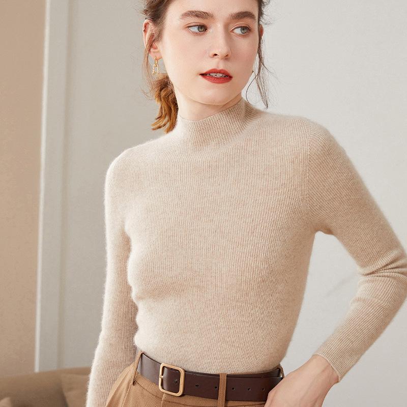 Women's High-Quality Cashmere Knit Base Layer Top - Long Sleeve, Tight-Fit, Warm & Soft Sweater for Autumn/Winter
