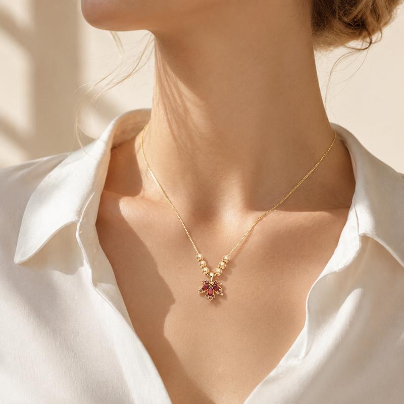 Fashion Maple Leaf Pendant Necklace for Women Gold Plated Zirconia Beaded Chain Classic Delicate Jewelry Gift for Her Daily Wear Party