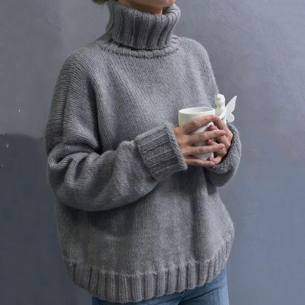 Maglione da Donna a Collo Alto a Manica Lunga - Colore Vestibilità Larga Top Casual in Maglia